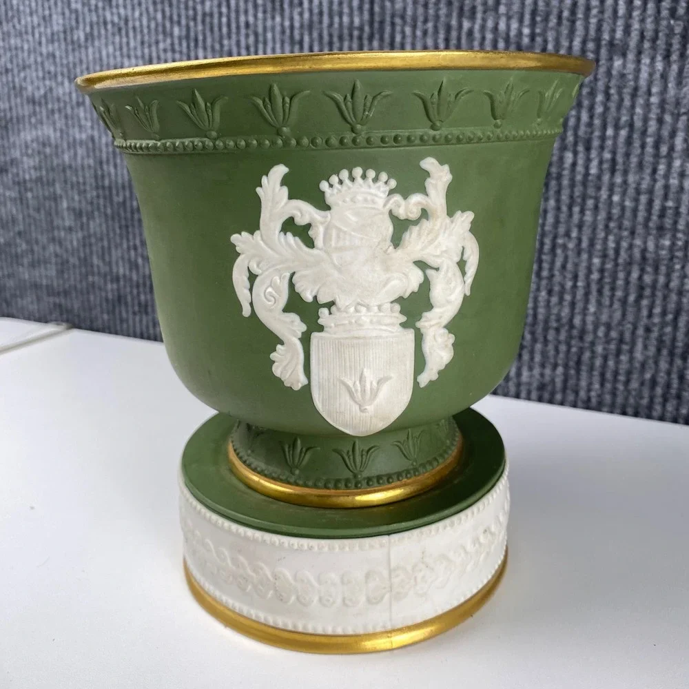 Vintage Porcellane d'Arte Italy Green Cachepot Urn Planter Pedestal Vase Base